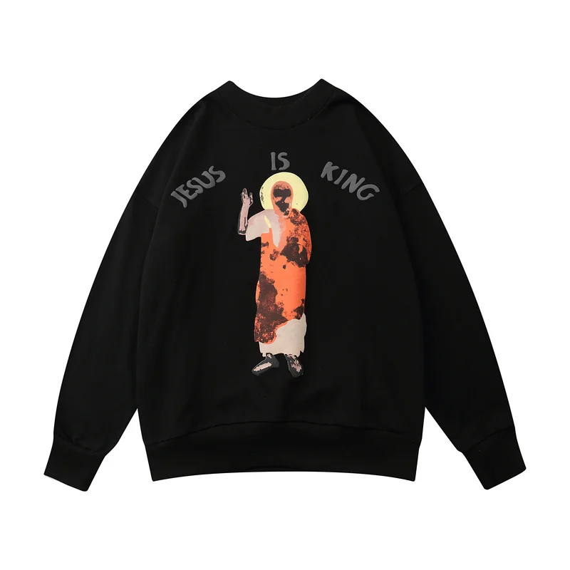 Sudadera con capucha de tejido polar para hombre y mujer, suéter holgado Retro de cuello redondo de gran tamaño con letras Kanye de espuma de High Street Jesus Is King