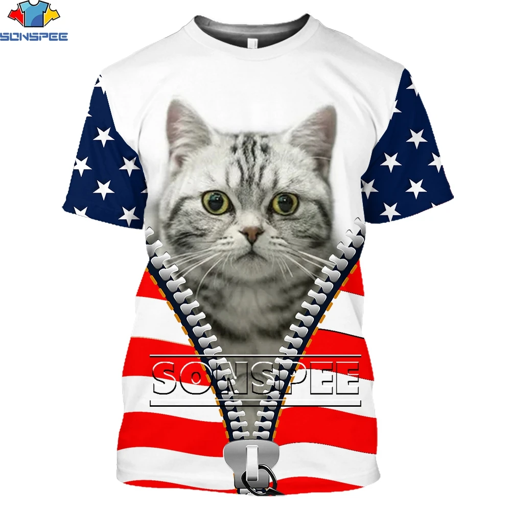 

SONSPEE American Flag 3D Chest Print T-Shirt Animal Kawaii Cat Versatile Funny Harajuku Men's Short Sleeve Oversized Unisex Top