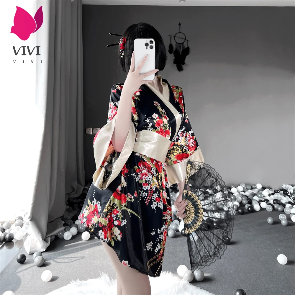 

Пикантное японское кимоно VIVI для косплея для женщин, шелковый пояс, комплект из 3 предметов, красное, розовое традиционное стильное платье, ж...