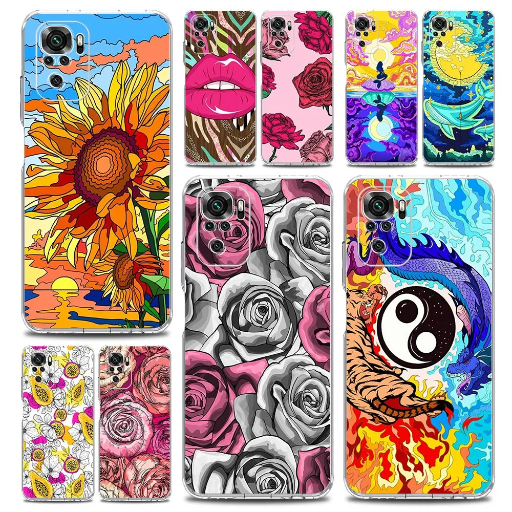 

Flower Painting Art Phone Case For Xiaomi Redmi Note 11 9S 9 8 10 Pro 7 8T 9C 9A 8A K40 Pro 11T 5G Silicone Clear Cover Coque