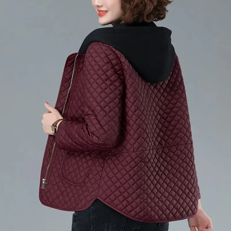 Short Hooded Women's Cotton Coat Autumn Winter Mother Outerwear New Loose Folder Cotton Thicken Lingge Ladies Keep Warm Jacket