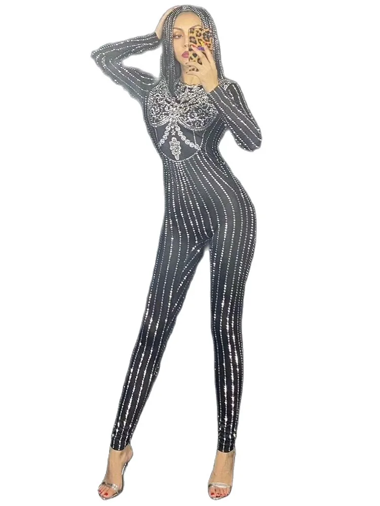 

Jumpsuits Sexy Black Shining Rhinestone Sequins Women Dance Pole Rave Outfits Stage Costumes Party Club Drag Queen Wear