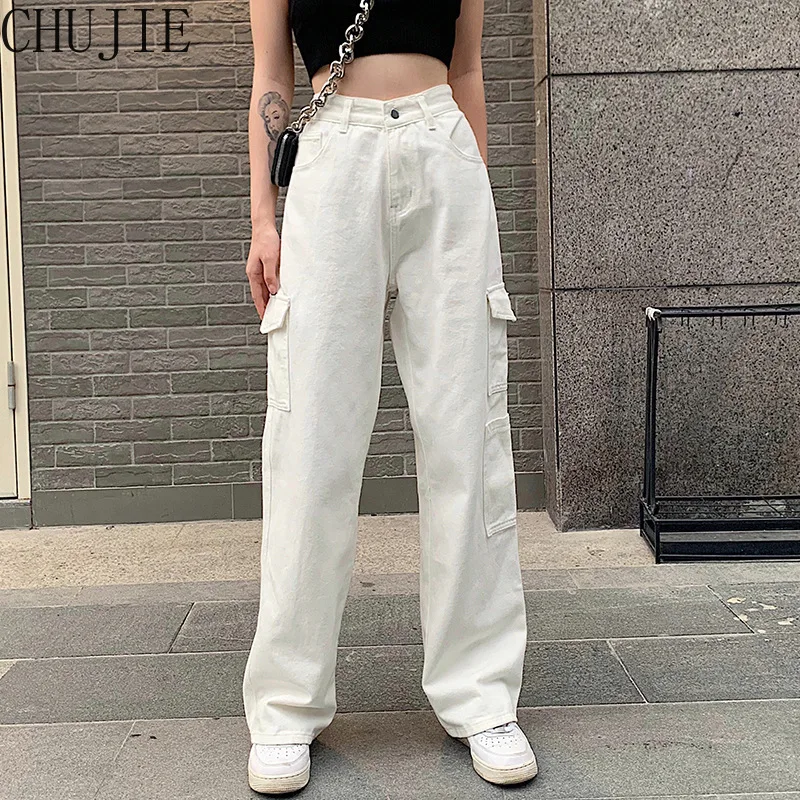 

2022 белые однотонные мешковатые джинсы, прямые джинсовые брюки, женские модные широкие брюки в Корейском стиле, повседневные свободные брюк...