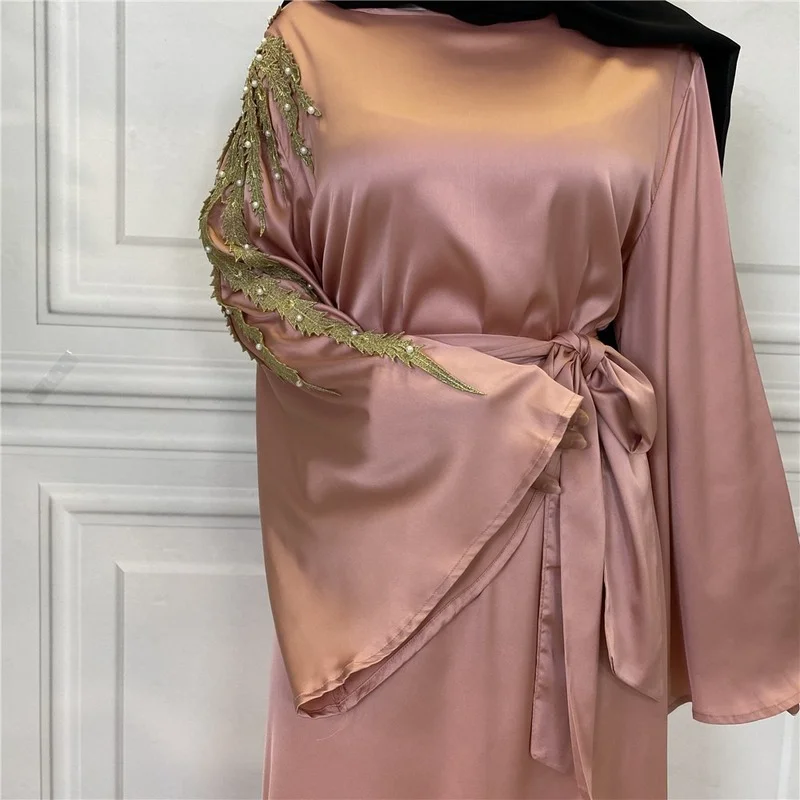 Soft Satin Abaya Maxi Dress Women Muslim Fashion Appliques Long Flare Sleeve Belted Hijab Dresses Dubai  Africa Clothes Ramadan