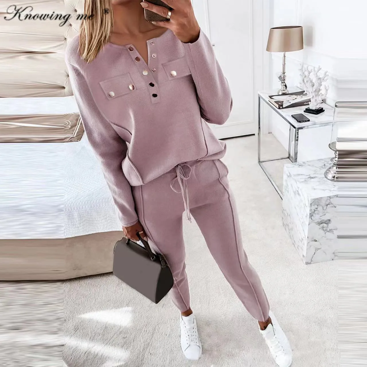 

Autumn tracksuit set Women Fake Pocket solid long sleeve pullovers +long pencil pants 2 piece set Female Winter casua suit