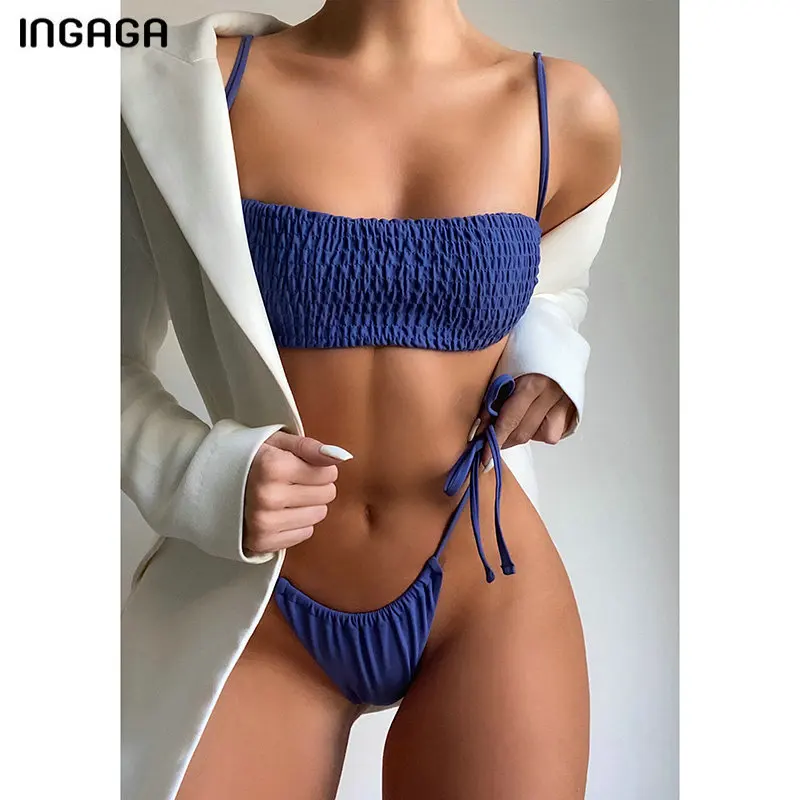 

INGAGA сексуальный купальник бикини бандо женский купальник однотонный купальный костюм 2022 стринги с высоким вырезом бикини с завязками по бо...
