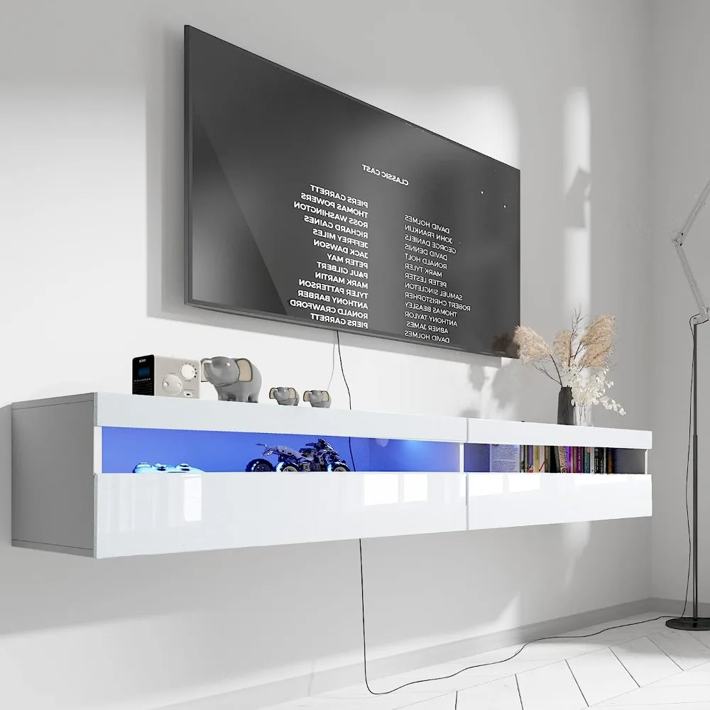 TV Stand, Wall Mounted TV Shelf with Led Lights & Power Outlet, High Gloss TV Cabinet for 65/75/80 inch TV (White)