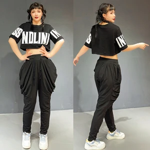 Fashion Hip Hop Clothing Rave Outfit Women Short Sleeved T Shirt Harem Pants Stage Jazz Dance Costume Street Dancewear XS6542