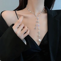 fashion crystal pearl necklaces for women temperament sexy long tassel choker clavicle chain luxury wedding party bride jewelry