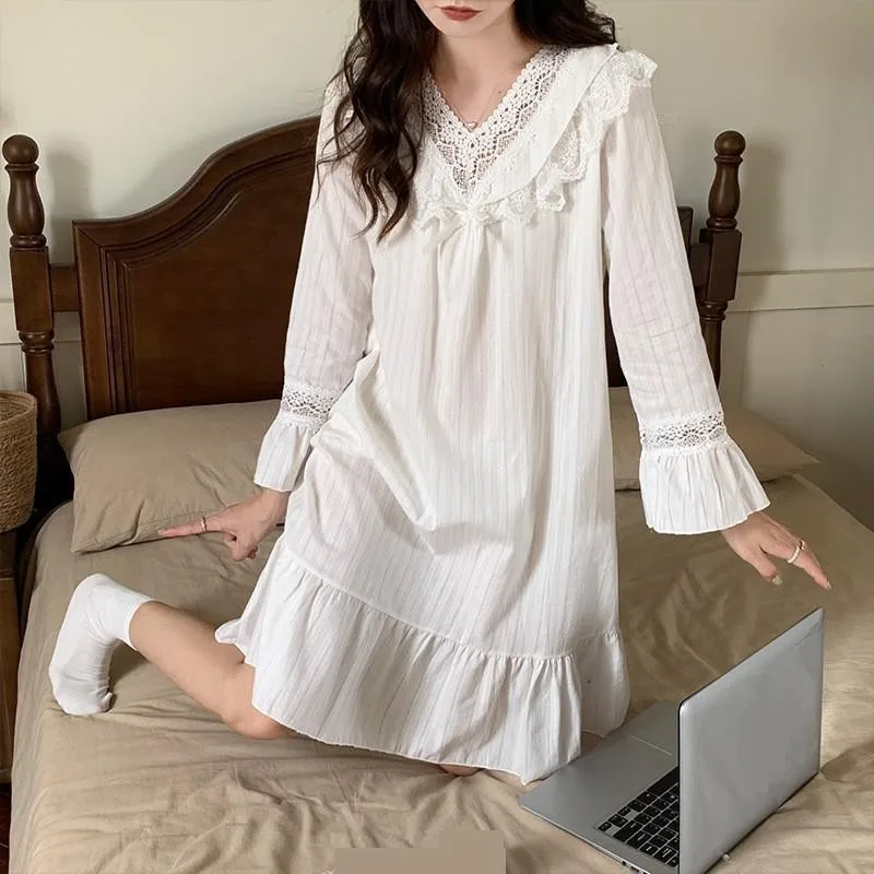 

V-Neck Lace Nightgown Sleep Dress Women Cotton Nightdress Homewear Long Sleeve Sleepwear Dressing Gown Loungewear