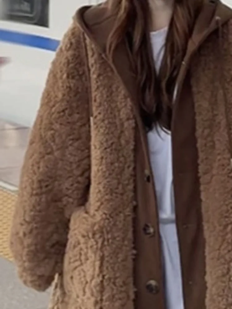 LGRQ женское пальто с капюшоном из овечьей шерсти зимняя мода 2024 теплая женская