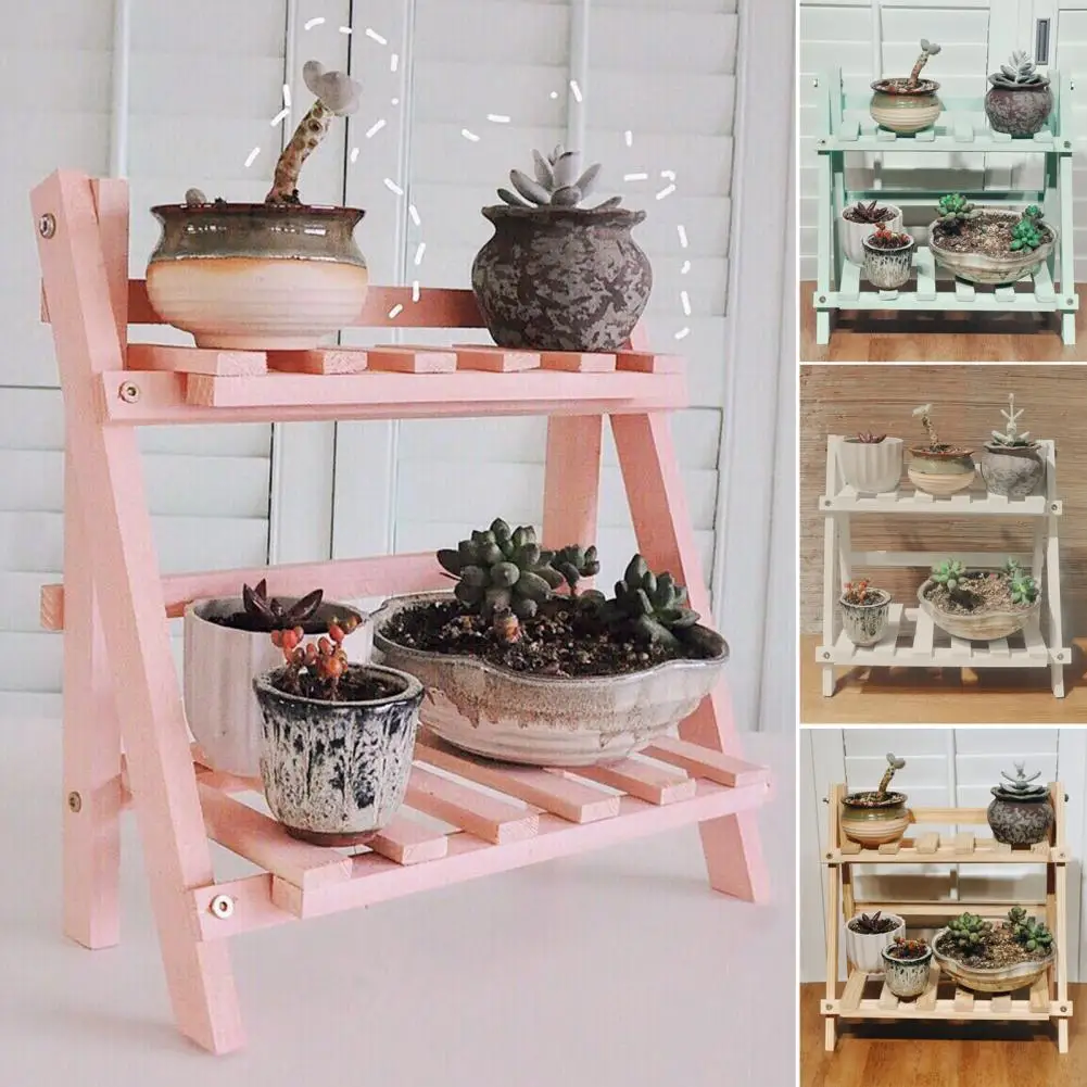 

Wood Useful Scratch Resistant Plant Organizer Multicolor Plant Shelf Double Layer Household Supplies
