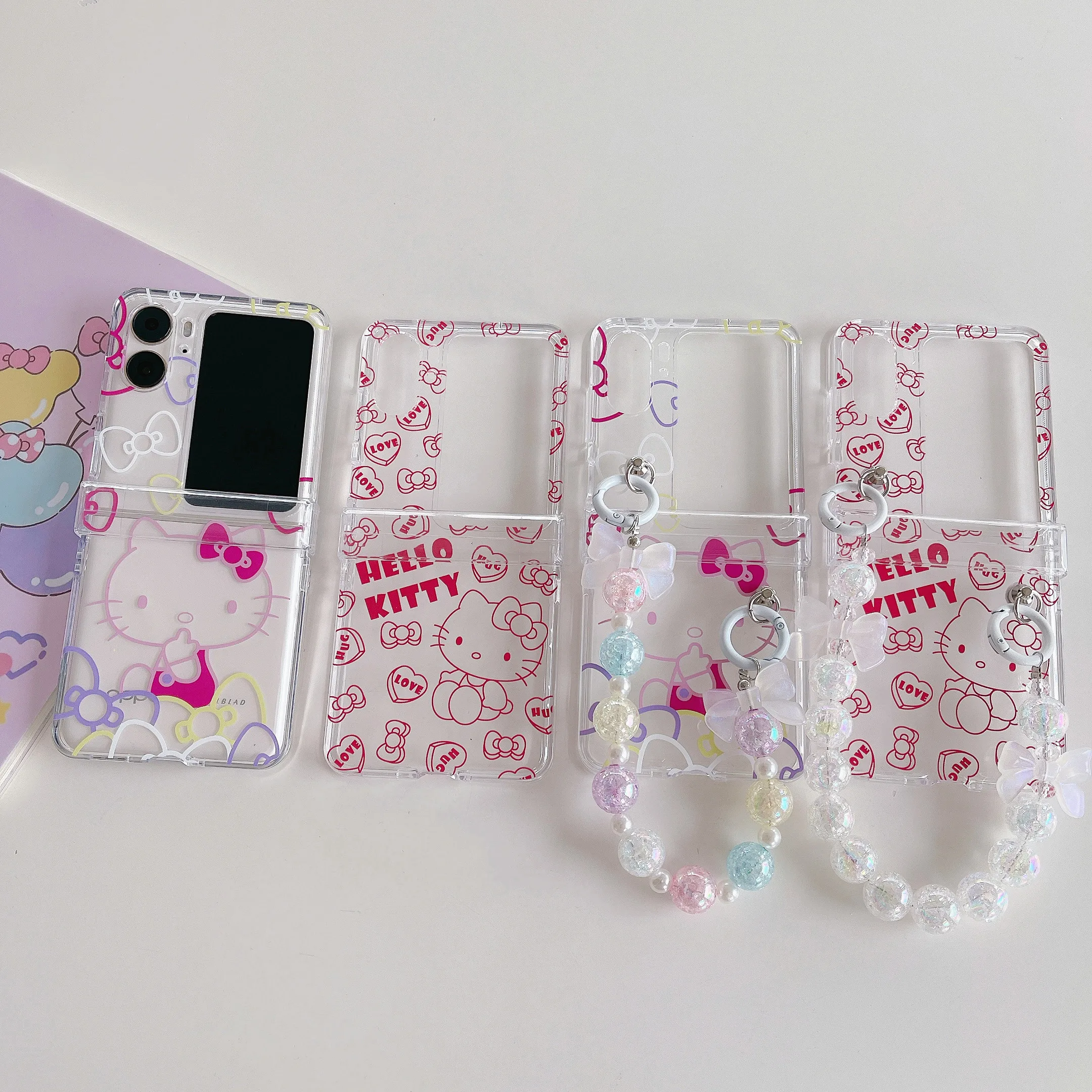 

Cute Sanrio Hello Kitty Hand Chain With Doll Pendant Phone Case For OPPO Find N2 Flip Love Transparent Cover