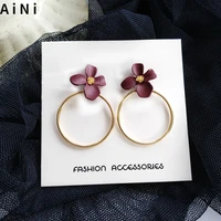 s925 needle trendy jewelry purple flower earrings hot selling golden plating metal circle drop earrings for women girl