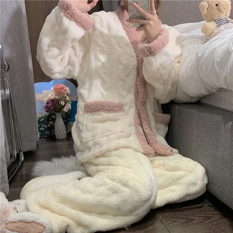 Winter Warm Thicken Pajamas Women Girl Stylish Cute Solid Color Sleepwear Sets Coral Fleece Home Clothes