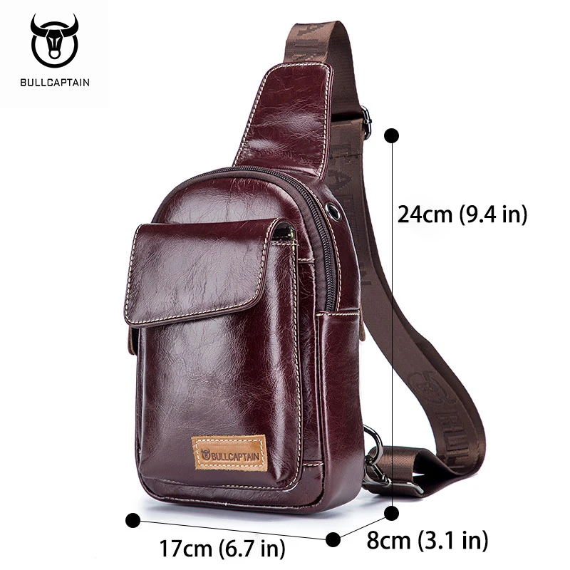 BULLCAPTAIN men's first layer cowhide chest bag leather casual messenger shoulder sports fashion personality men's chest bag