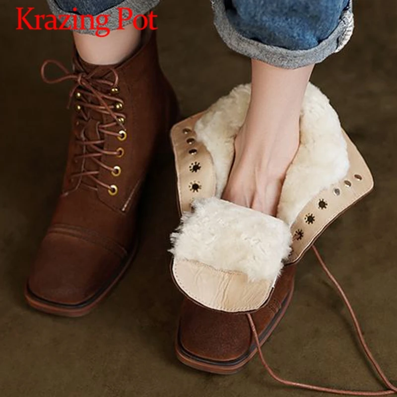 

Krazing Pot Wool Full Leather Square Toe Med Heels Snow Boots Keep Wear Fur Daily Wear Cross-tied Rivets Vintage Ankle Boots