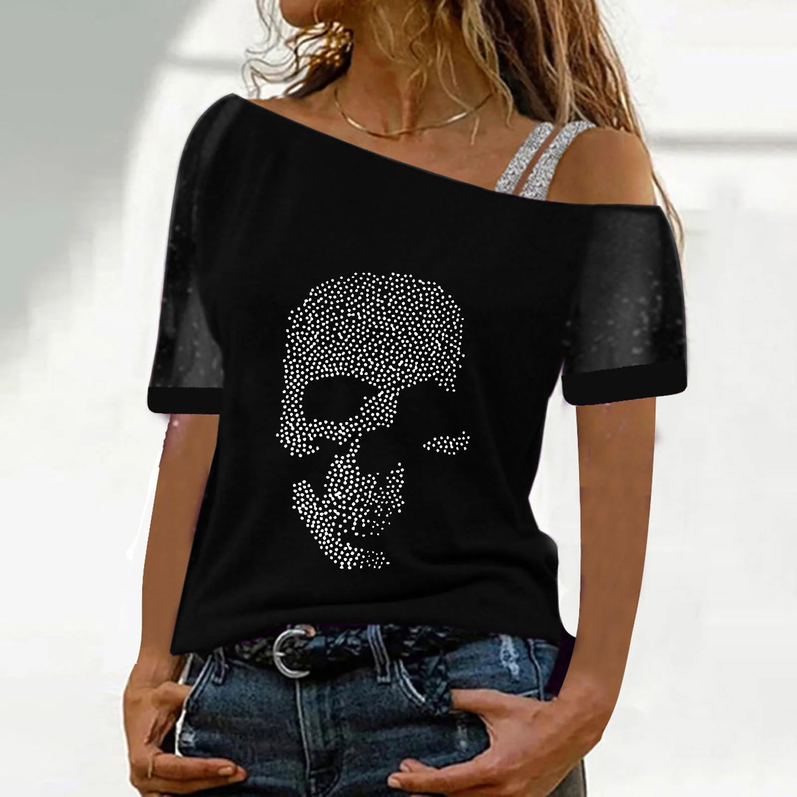 Женская футболка с коротким рукавом и открытыми плечами в готическом стиле -