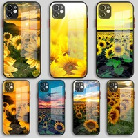 black silicone glass case for iphone 13 12 11 pro xs max x xr 8 7 6 plus se 2020 s mini cover sunflower pattern