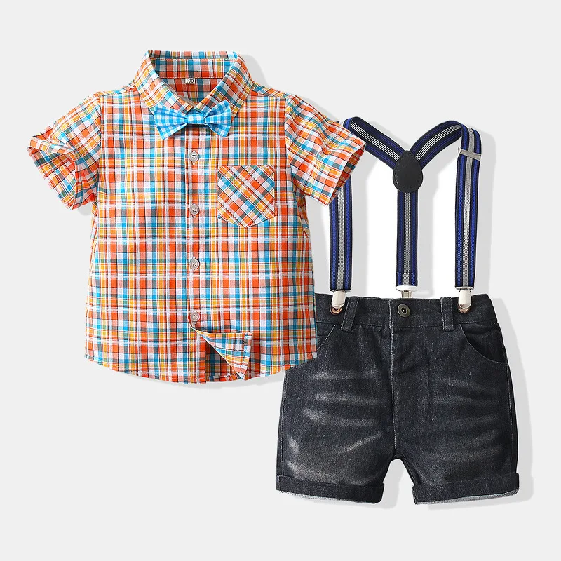 

Children's British style gentleman suspender short-sleeved suit summer new children's clothing boys plaid shirt shorts