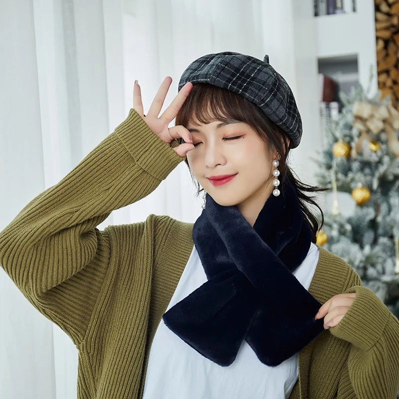 

Корейский зимний женский шарф из искусственного кроличьего меха Мягкие плюшевые шарфы снуд однотонный шейный воротник теплые вещи Рождественский подарок