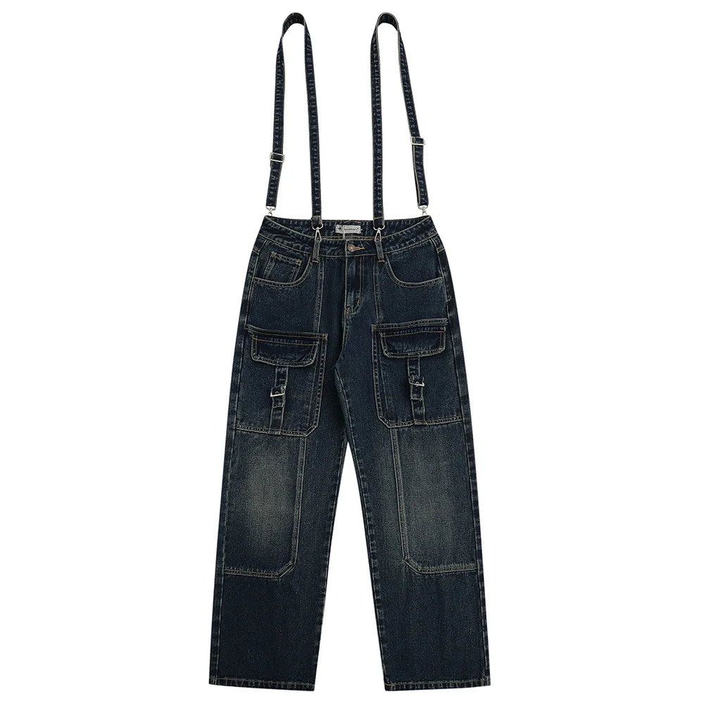 Streetwear American Multi Pocket Work Clothes Washing Jeans Men Loose Wide Leg Pants Detachable Suspender Denim Trousers