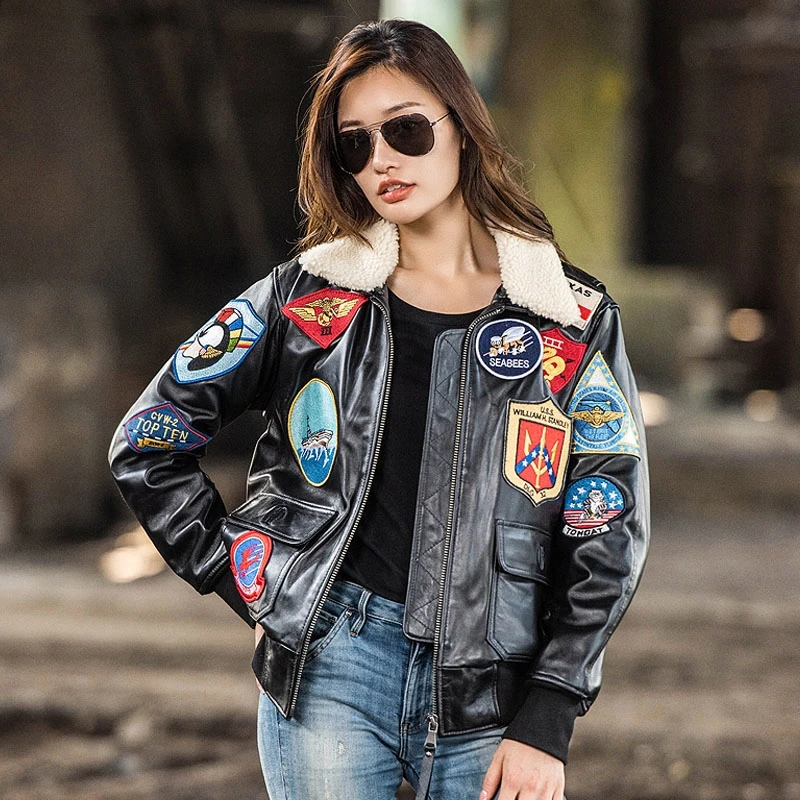 Black TOP GUN Maverick G1 Jacket Women Military Style Natural Thin Sheepskin Winter Warm Aviator Genuine Leather Coats