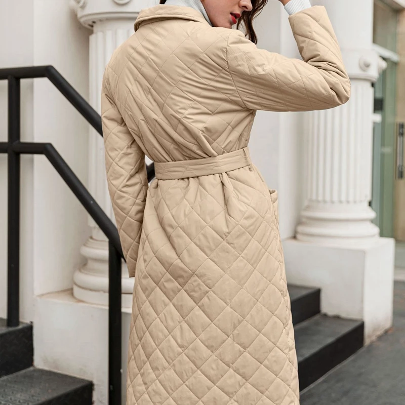 CCI Women Long Jacket Coat for Winter 2022  Beige Fashion Parka Green Quilted Warm  with Belt for  Female  Clothes YJ016C