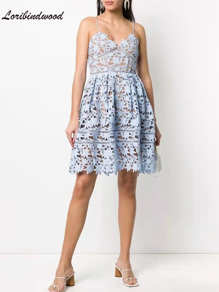 

2022 European and American Heavy Industry Sexy Water Capacitive Lace Dress Women's Sling Slim Fit Swing Mid-Length Dress Elegant