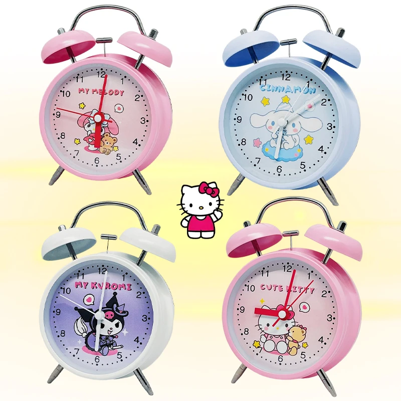 Kawaii Hello Kittys Y2K Sanrio Alarm Clock Anime Kuromi Cinnamoroll Cute Children Student Bedside Ringtone Clock Toys Gifts