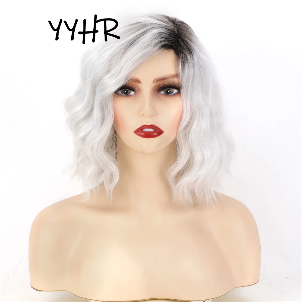 

Synthetic Women's Short Silver Gray Ombre White Women Wigs Dark Roots Natural Water Wave Good Quality Full mechanism Wig