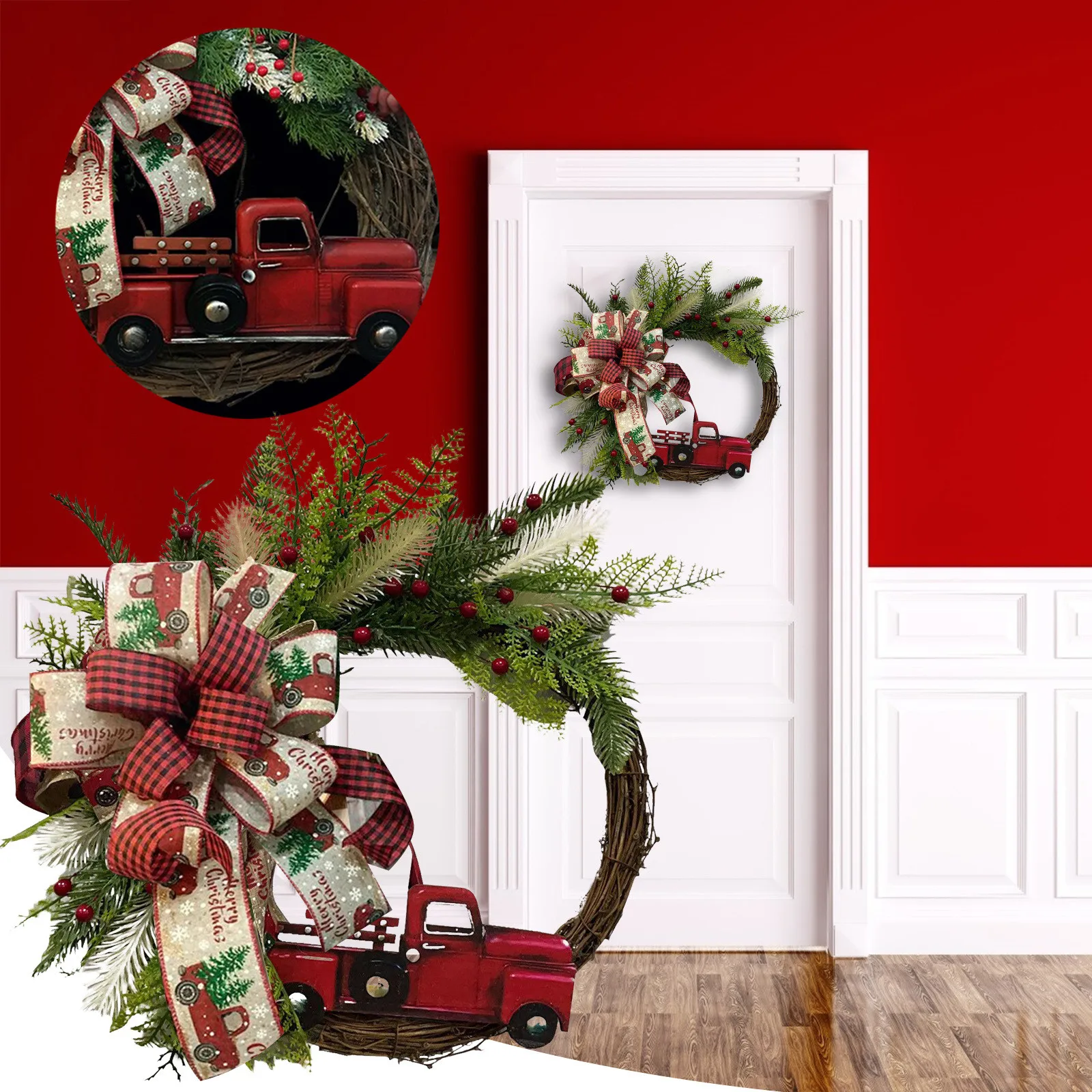 

Car Bows Garlands Hanging Ornaments Door Holiday Party Creative Garland Red Truck Christmas Wreath Heart Shaped