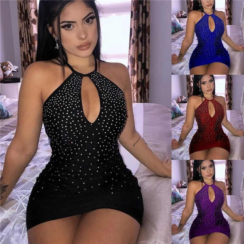 

Summer Dress Women Diamonds Dress Sleeveless Halter Strapless Hollow Out Short Bodycon Dresses 2022 Ladies Sexy Clubwear