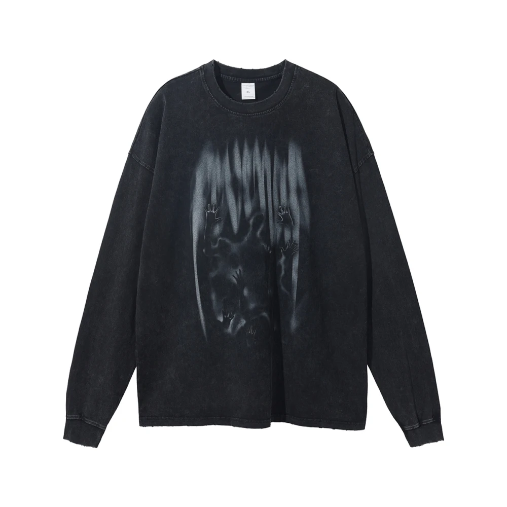 

Horror Ghost Printed Oversized Men's T-shirts Washed Distressed Evil Dark Aesthetic Goth Long Sleeve Tops Streetwear Hip Hop