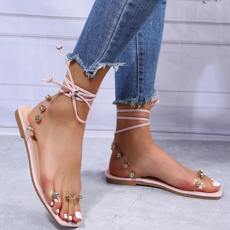 Large Size Women's Sandals 2022 Summer Lace-up Footwear Bottom Transparent Rhinestone Fashion Ankle Strap Ladies Shoes