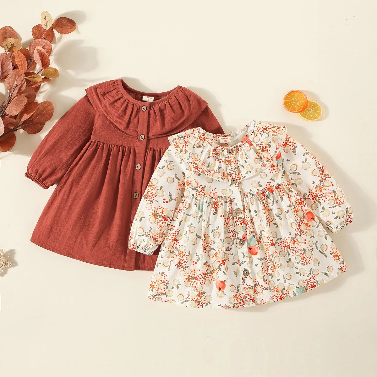 

hibobi Baby Girl Autumn Knee Length Dresses Cotton Long Sleeve Solid Color /Floral Color Single-breasted Dress For Infant Girls