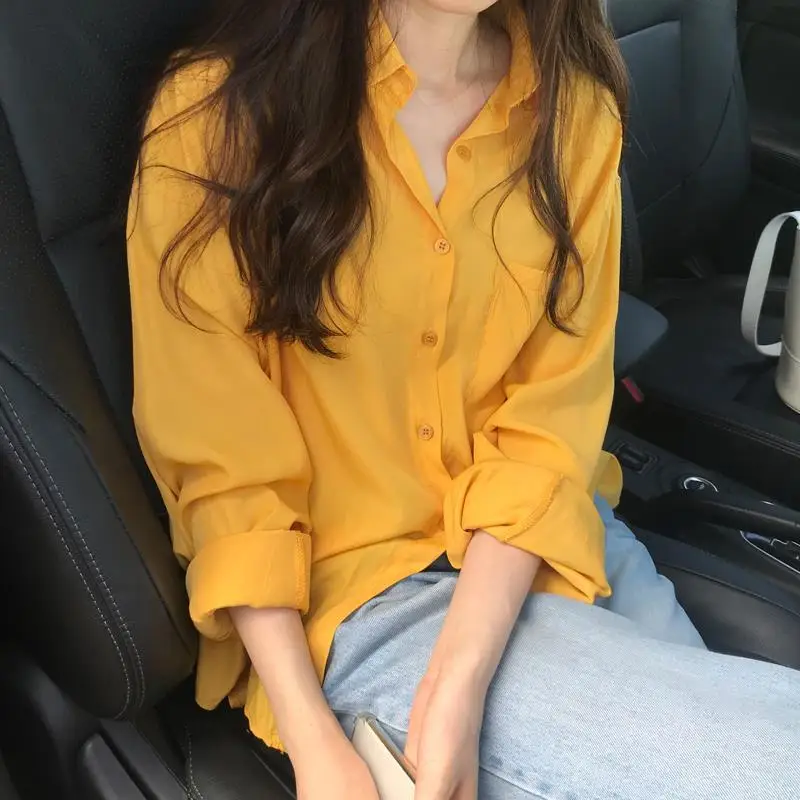 

DAYIFUN Yellow Shirts Women Long-sleeve Button Lapel Cardigan Female Blouses Korean Oversized Loose Leisure Tops Blusas Mujer