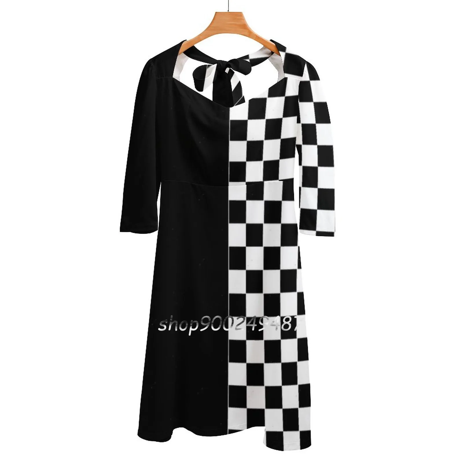 

Черно-белое двухцветное расклешенное платье с квадратным вырезом элегантное женское модное платье с принтом модное грубое платье скутер д...