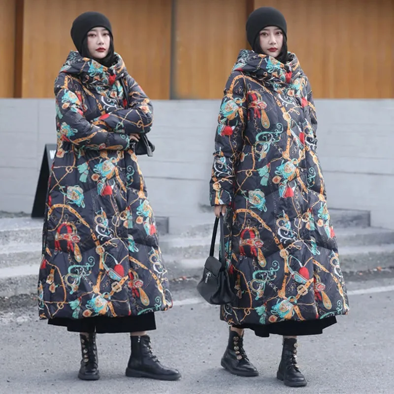 Winter 2022 New Long Down Jacket Women Artistic Print National Wind Large Size Thick Warm Hooded White Duck Down Coat Female