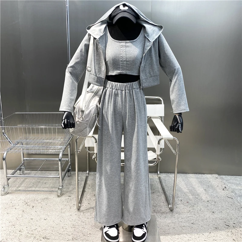 

Новинка 2022 года, Свободное пальто на молнии с капюшоном и длинным рукавом + жилет + Прямые брюки-трубы с эластичным поясом и широкими штанинами, спортивный костюм-тройка для отдыха