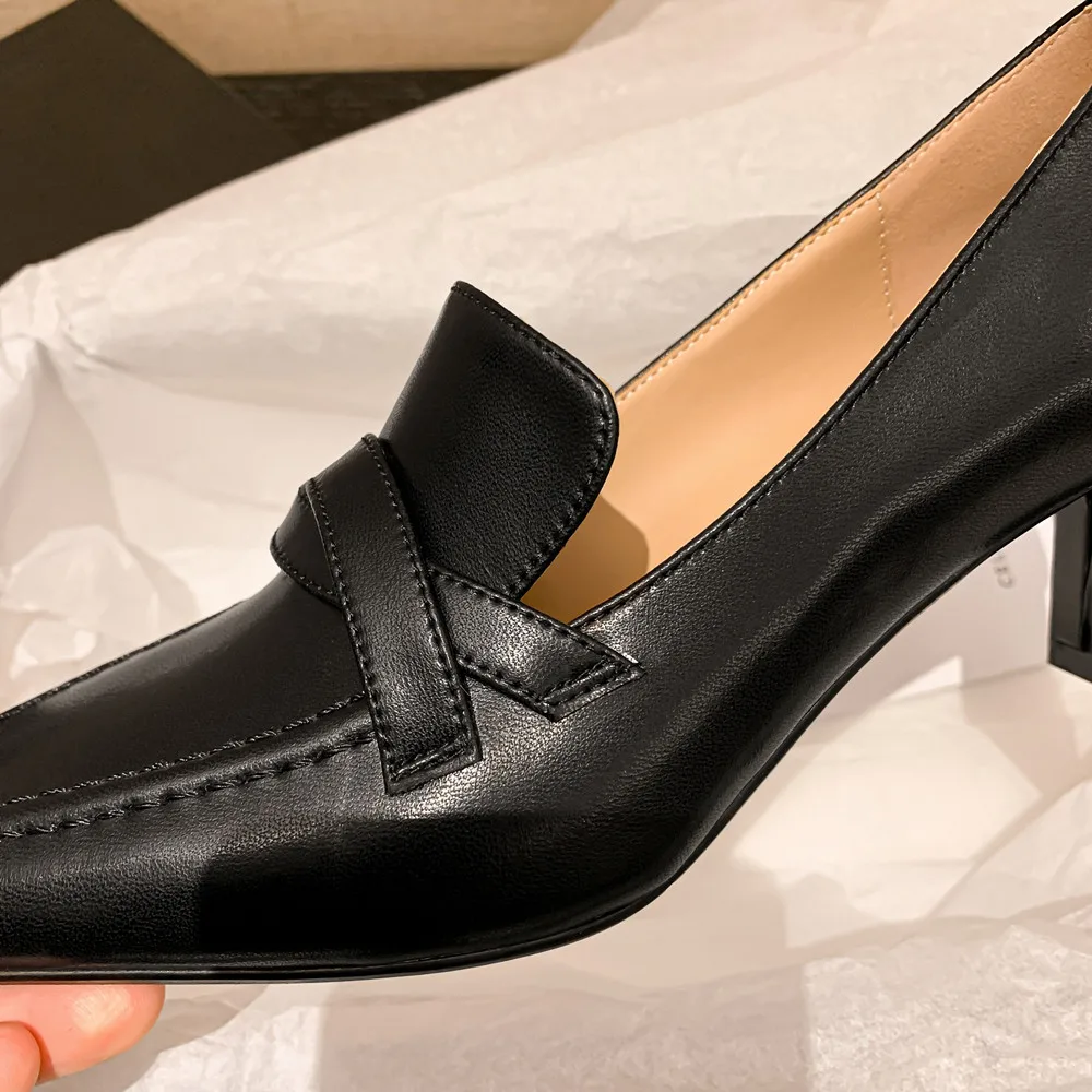 Женские туфли-лодочки из натуральной кожи на толстом высоком каблуке 7 см с