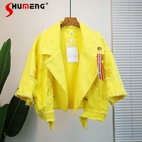 korean style solid color short denim jacket womens raw hem ripped spring 2022 new tassel fashion jean coats and jackets women