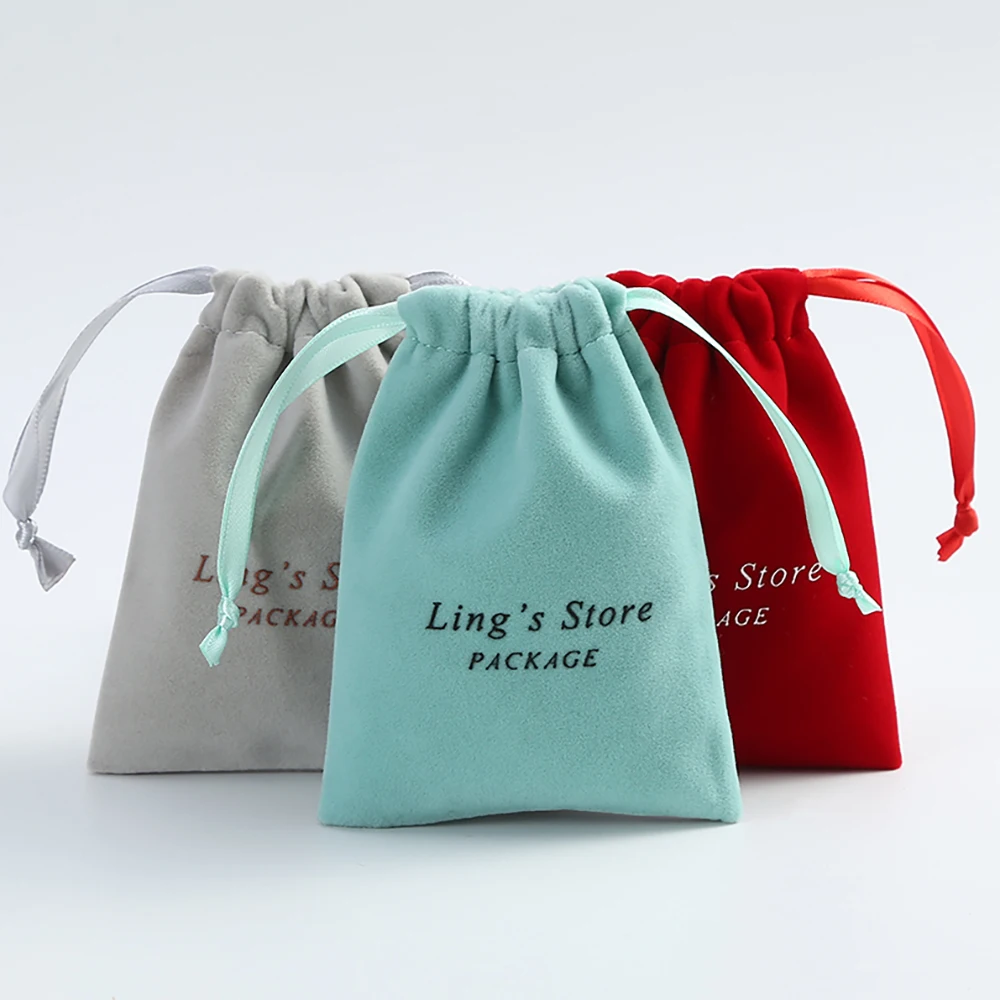 100Pcs Custom Logo Name Velvet Jewelry Gift Small Bags With Ribbon Drawstring Pouch Wedding Favor Candy Bag Christmas Decoration