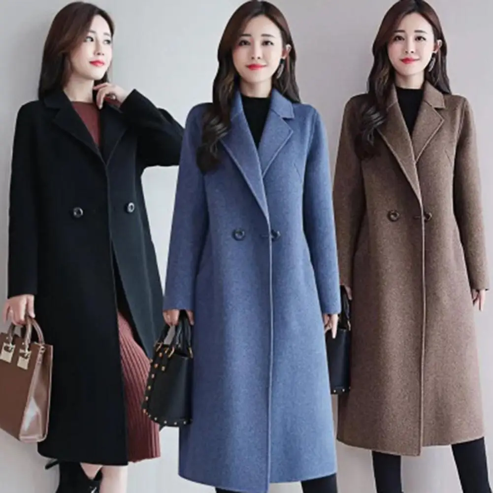 

Women Winter Overcoat Turn-down Collar Double Buttons Loose Thermal Cardigan Midi Length Lady Coat For Dating Casaco Feminino