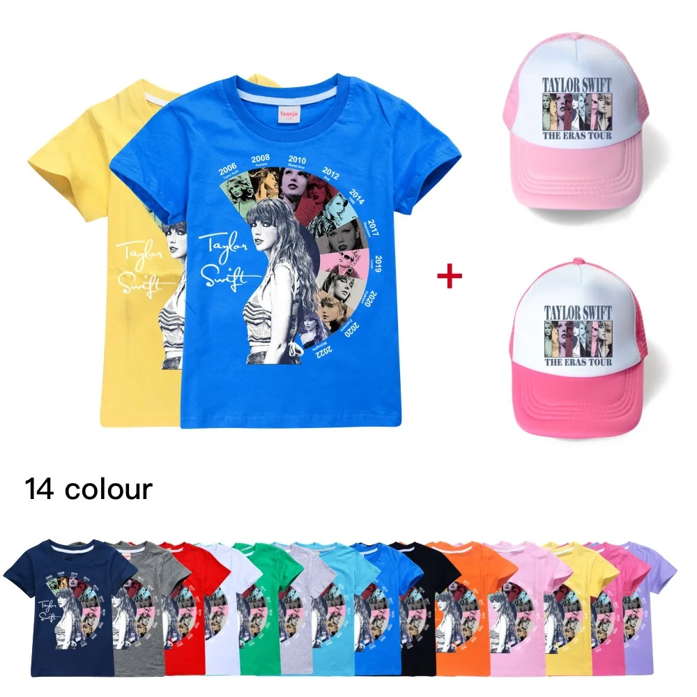 

Taylor The Eras Tour Print T-shirt Girls Kawaii Kids Clothes Cute Pullover T-Shirt +Hat Children'S Clothing Summer Cotton Tops