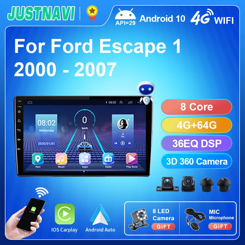 

JUSTNAVI QT5 2din Android 10.0 Car Radio For Ford Escape 1 2000-2007 Carplay Multimedia Video Player GPS Navigation DSP No DVD