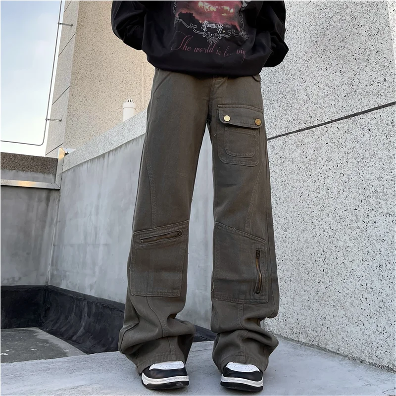 Men Clothing New Pattern Recreational Vintage Broad Leg Military Green Jeans Straight Cylinder Loose Cargo Pants Autumn Female