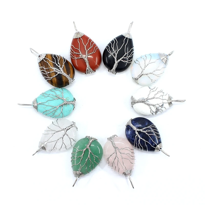 

Natural Stone Pendant Water Drop Tree Of Life Wire Wrap Rose Quartz Jasper Aventurine For Jewelry Making Necklace Accessories
