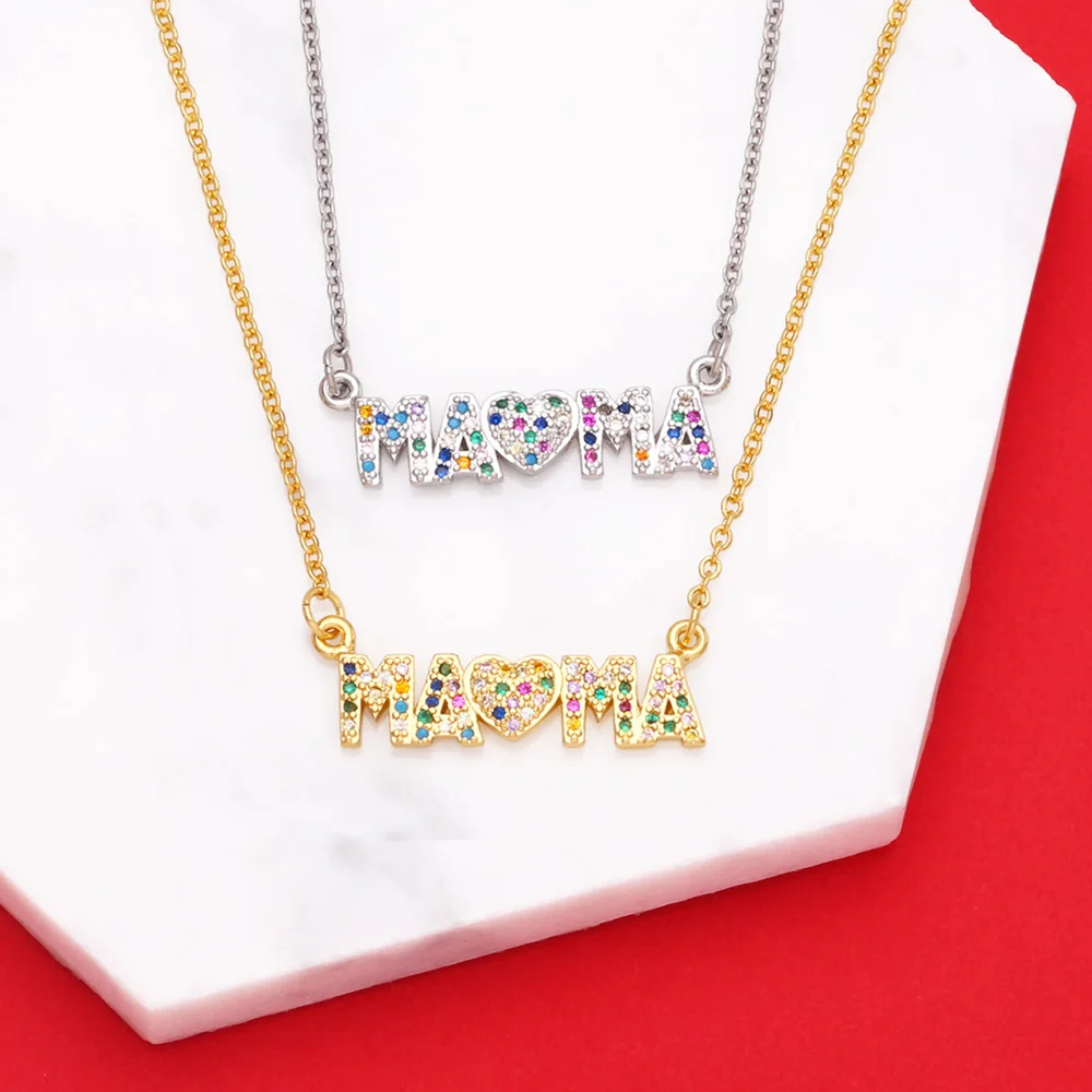 

FLOLA Gold Silver Color MAMA Necklace for Women Rainbow Zirconia Mother Mom Necklace Fashion Crystal Jewelry Gifts nkeb177