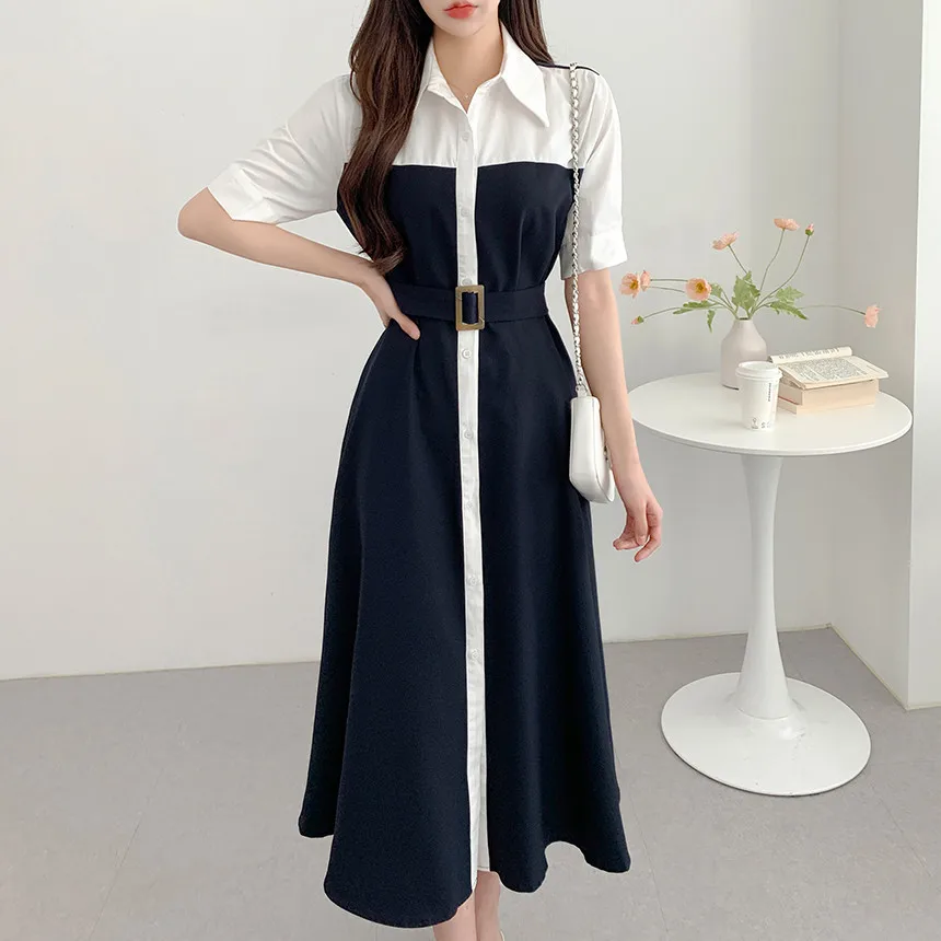 

Korea Elegant Patchwork Dress With Blet Women Casual Short Sleeve Turn-down Collar Dress A Line Sundress Vestidos Midi Dress New